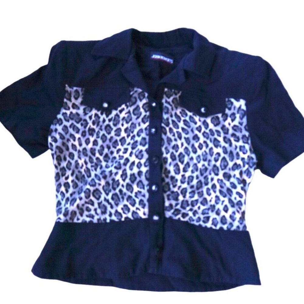 Vintage John Roberts Women's Short Sleeve Top Black/Leopard Print Size Small